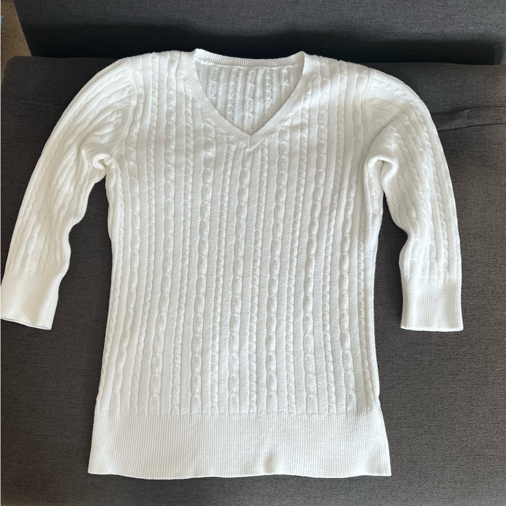 White Cable Knit V-Neck Sweater